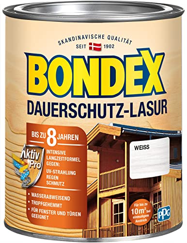 Bondex Dauerschutz Lasur Weiß 0,75 L für 10 m² | Hoher Wetter- und UV-Schutz bis zu 8 Jahre | Tropfgehemmt | Natürliches Abwittern - kein Abplatzen | Dauerschutzlasur| Holzlasur von Bondex