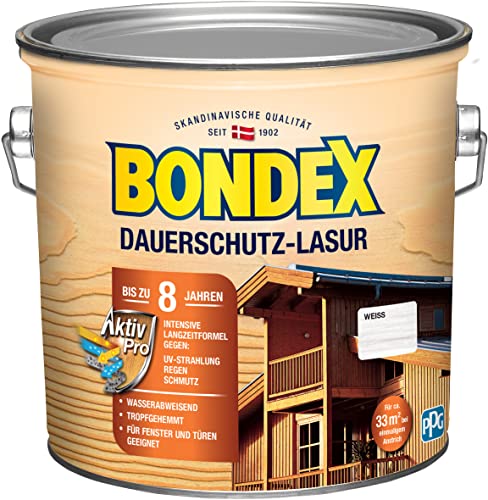 Bondex Dauerschutz Lasur Weiß 2,5 L für 32 m² | Hoher Wetter- und UV-Schutz bis zu 8 Jahre | Tropfgehemmt | Natürliches Abwittern - kein Abplatzen | Dauerschutzlasur| Holzlasur von Bondex