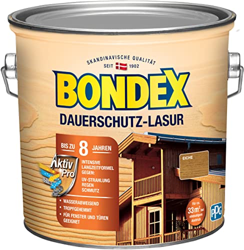 Bondex Dauerschutz Lasur Eiche 2,5 L für 32 m² | Hoher Wetter- und UV-Schutz bis zu 8 Jahre | Tropfgehemmt | Natürliches Abwittern - kein Abplatzen | Dauerschutzlasur| Holzlasur von Bondex