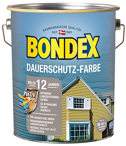 Bondex Dauerschutz Farbe Schneeweiß 4 L für 36 m² | Hervorragende Farbstabilität | Wetter- und UV-Schutz - bis zu 12 Jahre | Seidenglänzend | Dauerschutzfarbe | Holzfarbe von Bondex