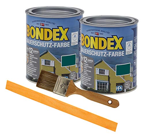 Bondex Dauerschutzfarbe deckend 2 x 0,75l Wetterschutzfarbe Holzschutzfarbe wetterbeständig Zink inkl. Pinsel und Rührstab (moosgrün) von Bondex