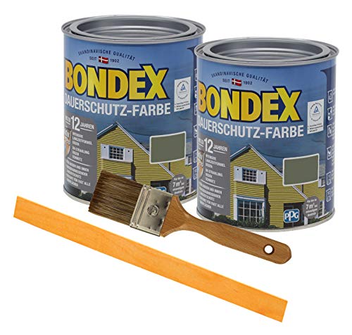 Bondex Dauerschutzfarbe deckend 2 x 0,75l Wetterschutzfarbe Holzschutzfarbe wetterbeständig Zink inkl. Pinsel Rührstab (norge grün) von Bondex