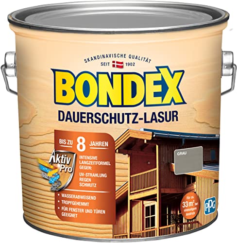 Bondex Dauerschutz Lasur Grau 2,5 L für 32 m² | Hoher Wetter- und UV-Schutz bis zu 8 Jahre | Tropfgehemmt | Natürliches Abwittern - kein Abplatzen | Dauerschutzlasur| Holzlasur von Bondex