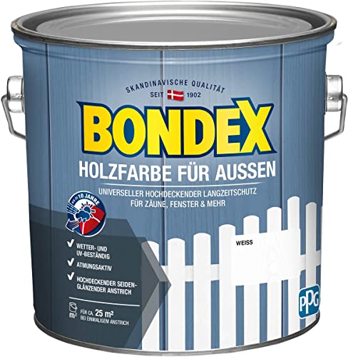 Bondex Holzfarbe für Außen, 2,5 L, Weiß, für ca. 25 m², Wetter- & UV-beständig, atmungsaktiv, seidenglänzend von Bondex