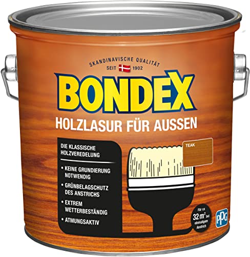 Bondex Holzlasur für Außen Teak 2,5 L für 32 m² | Hoher Wetter- und UV-Schutz | Natürliches Abwittern - kein Abplatzen | seidenmatt | Holzschutzlasur | Holzlasur von Bondex