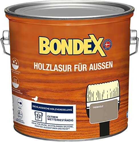 Bondex Holzlasur für Außen Treibholz 2,5 L für 32,5 m²| Hoher Wetter- und UV-Schutz | Natürliches Abwittern - kein Abplatzen | seidenmatt | Holzschutzlasur | Holzlasur von Bondex