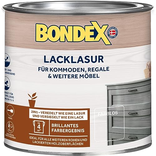 Bondex Lacklasur Farblos 0,375 L für 3,75m² | 2in1 - veredelt und versiegelt | Wasser- und Schmutzabweisend | Sicherheit für Kinderspielzeug nach DIN EN 71-3 | Seidenglänzend | Holzlasur von Bondex