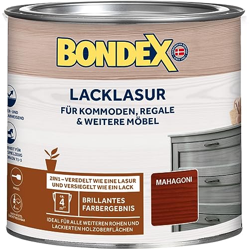 Bondex Lacklasur Mahagoni 0,375 L für 3,75m² | 2in1 - veredelt und versiegelt | Wasser- und Schmutzabweisend | Sicherheit für Kinderspielzeug nach DIN EN 71-3 | Seidenglänzend | Holzlasur von Bondex