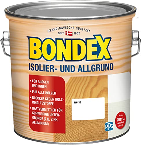 Bondex Isolier- und Allgrund Weiß 2,5 L für 20 m² | Schutz vor Verfärbungen | Haftvermittler für schwierige Untergründe | Blocker gegen Holzinhaltsstoffe | Matt | Grundierung | Holzgrundierung von Bondex