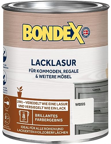 Bondex Lacklasur Weiß 0,75 L für 7,5 m² | 2in1 - veredelt und versiegelt | Wasser- und Schmutzabweisend | Sicherheit für Kinderspielzeug nach DIN EN 71-3 | Seidenglänzend | Holzlasur | Holzschutzmittel von Bondex
