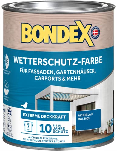 Bondex Wetterschutz Farbe Azurblau (RAL5009) 0,75 L für 7 m² | Extreme Deckkraft | Hervorragende Witterungsbeständigkeit | seidenglänzend | Wetterschutzfarbe | Holzfarbe von Bondex