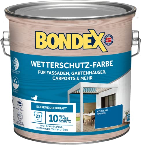 Bondex Wetterschutz Farbe Azurblau (RAL5009) 2,5 L für 23 m² | Extreme Deckkraft | Hervorragende Witterungsbeständigkeit | seidenglänzend | Wetterschutzfarbe | Holzfarbe von Bondex