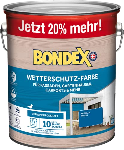 Bondex Wetterschutz Farbe Azurblau (RAL5009) 3 L für 27 m² | Extreme Deckkraft | Hervorragende Witterungsbeständigkeit | seidenglänzend | Wetterschutzfarbe | Holzfarbe von Bondex
