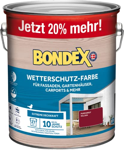 Bondex Wetterschutz Farbe Purpurrot (RAL3004) 3 L für 27 m² | Extreme Deckkraft | Hervorragende Witterungsbeständigkeit | seidenglänzend | Wetterschutzfarbe | Holzfarbe von Bondex