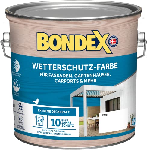 Bondex Wetterschutz Farbe Weiß 2,5 L für 23 m² | Extreme Deckkraft | Hervorragende Witterungsbeständigkeit | seidenglänzend | Wetterschutzfarbe | Holzfarbe von Bondex