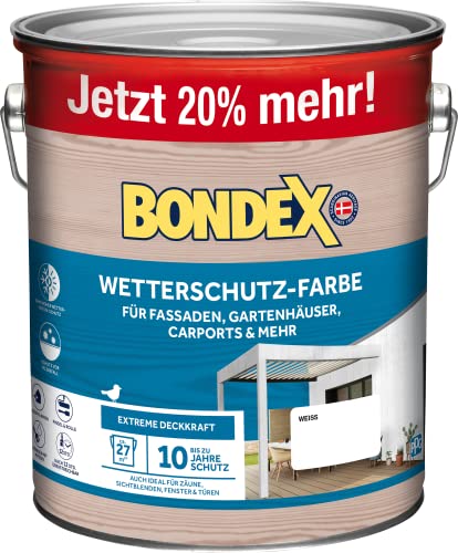 Bondex Wetterschutz Farbe Weiß 3 L für 27 m² | Extreme Deckkraft | Hervorragende Witterungsbeständigkeit | seidenglänzend | Wetterschutzfarbe | Holzfarbe von Bondex