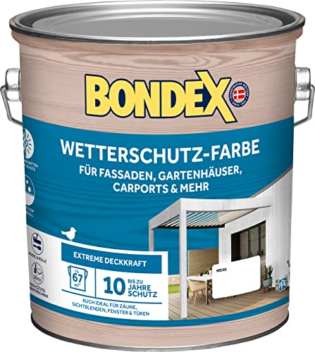 Bondex Wetterschutz Farbe Weiß 7,5 L für 68 m² | Holzfarbe mit extremer Deckkraft | Hervorragende Witterungsbeständigkeit | seidenglänzend | Wetterschutzfarbe mit bis zu 10 Jahren Wetterschutz von Bondex