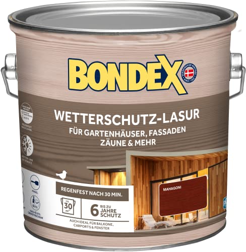 Bondex Wetterschutz Lasur Mahagoni 2,5 L für 30 m² | Tropf- und Spritzgehemmt | Exzellenter UV-Schutz | Sichere Anwendung ab 2 °C | seidenmatt | Wetterschutzlasur | Holzlasur von Bondex