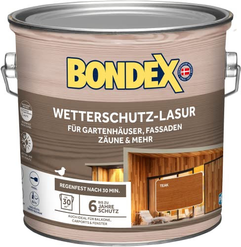 Bondex Wetterschutz Lasur Teak 2,5 L für 30 m² | Tropf- und Spritzgehemmt | Exzellenter UV-Schutz | Sichere Anwendung ab 2 °C | seidenmatt | Wetterschutzlasur | Holzlasur von Bondex