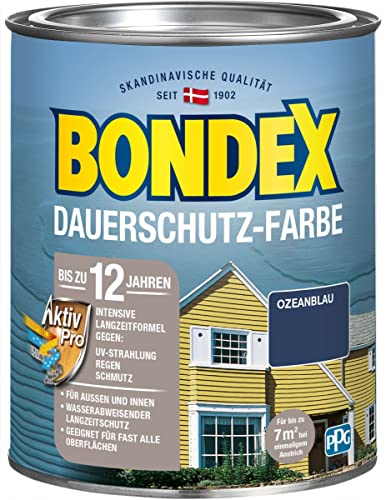 Bondex Dauerschutz Farbe Ozean Blau 0,75 L für 7 m² | Hervorragende Farbstabilität | Wetter- und UV-Schutz - bis zu 12 Jahre | Seidenglänzend | Dauerschutzfarbe | Holzfarbe von Bondex