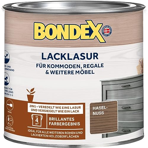 Bondex Lacklasur Haselnuss 0,375 L für 3,75m² | 2in1 - veredelt und versiegelt | Wasser- und Schmutzabweisend | Sicherheit für Kinderspielzeug nach DIN EN 71-3 | Seidenglänzend | Holzlasur von Bondex