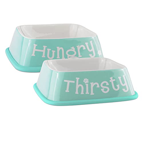 DII Bone Dry Hungrig/Dursty Quadratischer Keramiknapf für Futter und Wasser mit rutschfestem Silikonrand für Hunde und Katzen (groß – 17,1 cm Durchmesser x 5,1 cm Höhe), 2er-Set – Aqua von Bone Dry