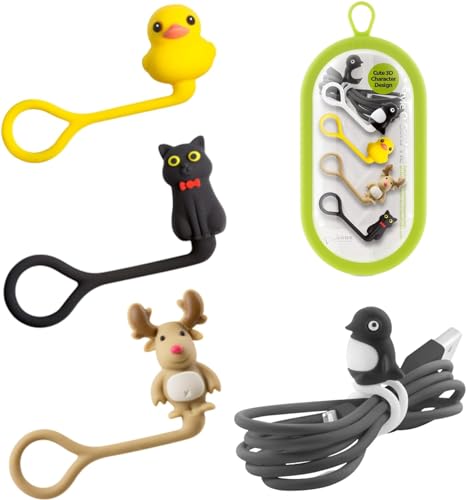 BONE Style Q Cord Ties - Mehrzweck-Silikon wiederverwendbare Kabelbinder, Cute Character Elastic Cable Organizer Management Zip Wire Strap Wrap, Drink Markers Set von 4 BONE Style Q Cord Ties - Mehrzweck-Silikon wiederverwendbare Kabelbinder, Cute Character Elastic Cable Organizer Management Zip Wire Strap Wrap, Drink Markers Set von 4 von BONE