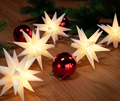 3D Leuchtstern Lichterkette mit 10 LED-Sternen, ca. 6,75m + Zuleitung, für Innenbereich und Außenbereich, warm-weiß beleuchtet, Timerfunktion (weiß, 10er Stern-Lichterkette (Netzstecker)) von Bonetti