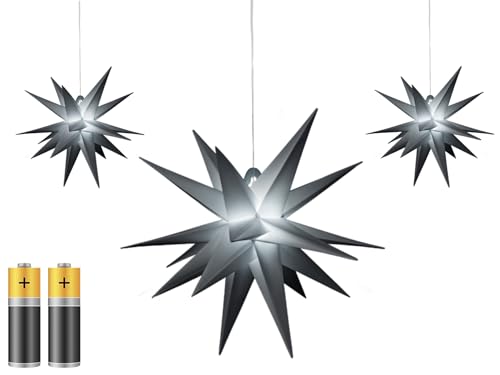 3er Pack 3D Leuchtstern - Weihnachtsstern/warm-weiß beleuchtet/für Innen und Außen geeignet/hängend / 100cm Zuleitung/ca. Ø 25 cm/batteriebetrieben (grau) von Bonetti