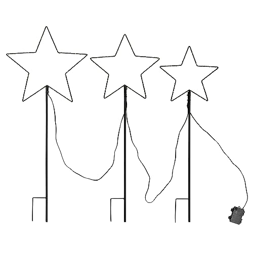 Bonetti 3er Set Weihnachtssterne aus Metall für Außen mit Erdspieß, 3 Größen 25 30 35 cm, schwarz mit warm-weißen LEDs, gesamt 150 LEDs, batteriebetrieben von Bonetti