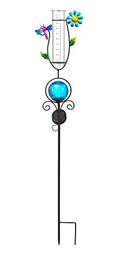 Bonetti Regenmesser mit LED Beleuchtung für den Garten, 2-in-1 Funktion, Metall-Erdspieß, farbige Glaskugel in Bruchglas-Optik, Niederschlagsmesser aus Glas (blau mit Libelle & Blume) von Bonetti