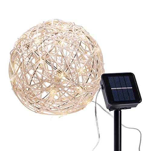 Bonetti Solar Dekokugel mit 50 LED aus Rattan mit bunter und warm-weißer Beleuchtung, ca. Ø 20 cm mit separatem Solarpanel mit Erdspieß, Zuleitung ca. 200 cm von Bonetti