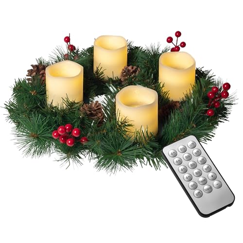 Künstlicher Adventskranz Ø 45 cm mit 4 LED Kerzen aus Echtwachs in rot oder Creme | praktische Fernbedienung mit Timer und Lichtfunktionen | inkl. Kerzenhalter | nadelfrei (Creme) von Bonetti