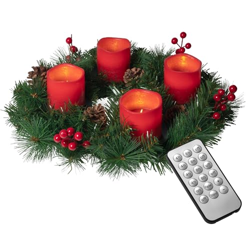 Künstlicher Adventskranz Ø 45 cm mit 4 LED Kerzen aus Echtwachs in rot oder Creme | praktische Fernbedienung mit Timer und Lichtfunktionen | inkl. Kerzenhalter | nadelfrei (Rot) von Bonetti