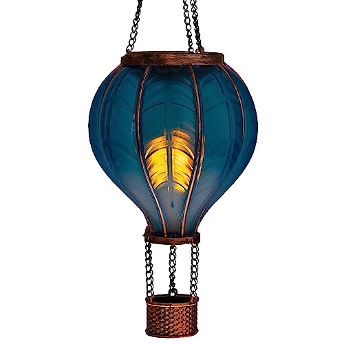 LED Solar Heißluftballon mit Flammeneffekt Beleuchtung | Lampion mit 20 warm-weißen Lichter | Gartenlaterne zum hängen | inkl. Metallkette | Gesamthöhe ca. 40,5 cm (Blau) von Bonetti