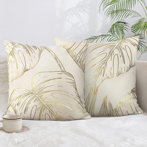 Bonhause 2er Set Kissenbezüge Goldene Blätter 45 x 45 cm Samt Soft Dekorative Kissenhülle Goldfolien-Druck Zierkissenbezüge für Sofa Schlafzimmer Wohnzimmer Auto Zuhause Dekoration von Bonhause