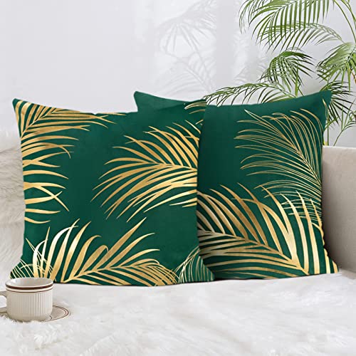 Bonhause 2er Set Kissenbezüge Goldene Blätter 45 x 45 cm Samt Soft Grün Dekorative Kissenhülle Goldfolien-Druck Zierkissenbezüge für Sofa Schlafzimmer Wohnzimmer Auto Zuhause Dekoration von Bonhause