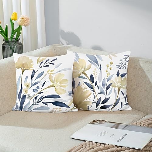 Bonhause 2er Set Kissenbezüge Aquarell Blumen 45 x 45 cm Gelb Blau Blume Dekorative Kissenhülle Zierkissenbezüge für Sofa Schlafzimmer Garten Zuhause Dekoration von Bonhause