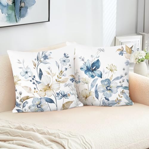 Bonhause 2er Set Kissenbezüge Blumen Blau 45 x 45 cm Aquarell Blume Blätter Dekorative Kissenhülle Zierkissenbezüge für Sofa Schlafzimmer Wohnzimmer Garten Zuhause Dekoration von Bonhause