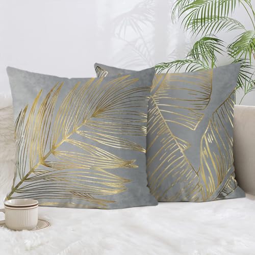 Bonhause 2er Set Kissenbezüge Goldene Blätter 50 x 50 cm Samt Soft Grau Dekorative Kissenhülle Goldfolien-Druck Zierkissenbezüge für Sofa Schlafzimmer Wohnzimmer Zuhause Dekoration von Bonhause