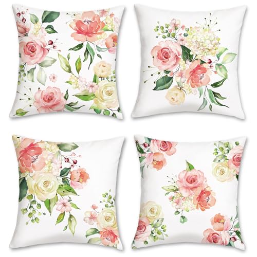 Bonhause 4er Set Kissenbezüge Blumen Pfingstrosen Rosa 45 x 45 cm Samt Soft Dekorative Kissenhülle Zierkissenbezüge für Sofa Schlafzimmer Wohnzimmer Auto Zuhause Dekoration von Bonhause