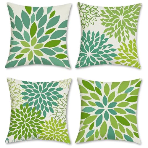 Bonhause 4er Set Kissenbezüge Blumen Grün 45 x 45 cm Dahlia Pinnata Geometrische Polyester Leinen Dekorative Kissenhülle Zierkissenbezüge für Sofa Schlafzimmer Wohnzimmer Zuhause Dekoration von Bonhause