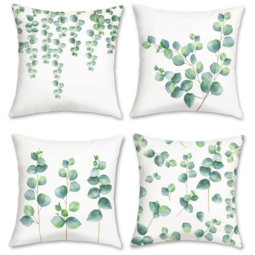 Bonhause 4er Set Kissenbezüge Eukalyptus Blätter 45 x 45 cm Pflanzen Grün Samt Soft Dekorative Kissenhülle Zierkissenbezüge für Sofa Schlafzimmer Wohnzimmer Auto Zuhause Dekoration von Bonhause