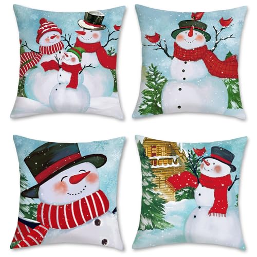 Bonhause Kissenbezüge Winter Schneemann 45 x 45 cm Doppelseitig Schneeflocke Samt Soft Dekorative Kissenhülle für Sofa Winter Dekorationen 4 Stück von Bonhause