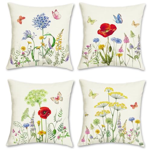 Bonhause 4er Set Kissenbezüge Blumen 45 x 45 cm Doppelseitig Schmetterling Garten Polyester Leinen Dekorative Kissenhülle Zierkissenbezüge für Sofa Wohnzimmer Auto Zuhause Dekoration von Bonhause