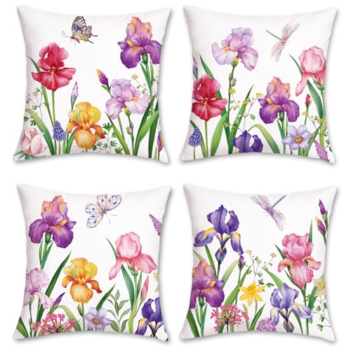 Bonhause 4er Set Kissenbezüge Garten Blumen 45 x 45 cm Narzisse Iris Blume Samt Soft Dekorative Kissenhülle Zierkissenbezüge für Sofa Schlafzimmer Wohnzimmer Auto Zuhause Dekoration von Bonhause