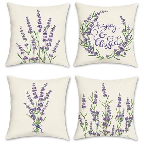 Bonhause 4er Set Kissenbezüge Blumen Lila 45 x 45 cm Lavendel Polyester Leinen Dekorative Kissenhülle Zierkissenbezüge für Sofa Schlafzimmer Wohnzimmer Auto Zuhause Dekoration von Bonhause