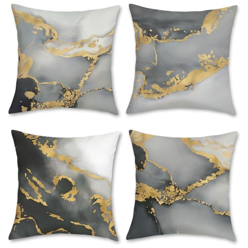 Bonhause 4er Set Kissenbezüge Marmor Grau 45 x 45 cm Doppelseitig Schwarz Gold Abstrakte Kunst Samt Soft Dekorative Kissenhülle Zierkissenbezüge für Sofa Schlafzimmer Wohnzimmer Zuhause Dekoration von Bonhause