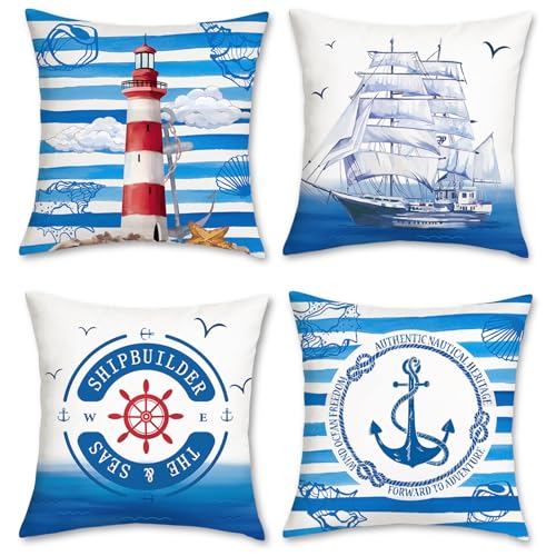 Bonhause 4er Set Kissenbezüge Nautische Leuchtturm 45 x 45 cm Segelboot Anker Samt Soft Dekorative Blau Segeln Kissenhülle Zierkissenbezüge für Sofa Schlafzimmer Wohnzimmer Auto Zuhause Dekor von Bonhause