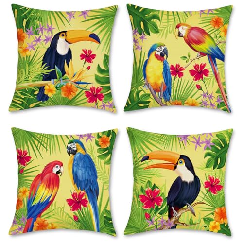 Bonhause 4er Set Kissenbezüge Tropische Vögel 45 x 45 cm Tukan Papagei Blätter Polyester Leinen Dekorative Kissenhülle Zierkissenbezüge für Sofa Wohnzimmer Zuhause Dekoration von Bonhause